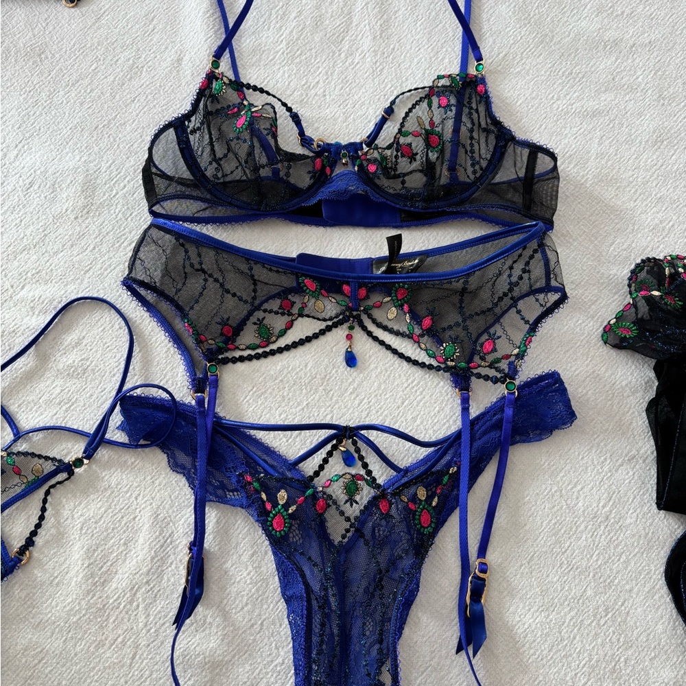 Honey Birdette Leah ! 34B , M, S, Black and Blue Embroidered Bra Set Christmas! - Picture 13 of 15